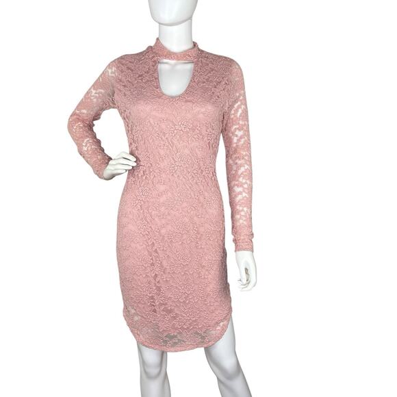 Vintage Y2K Stretch Lace Dress Choker Neck Bodycon Fairy Grunge Pink Size L - Picture 1 of 7